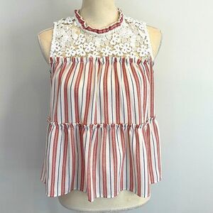 Striped Lace High Neck Sleeveless Blouse